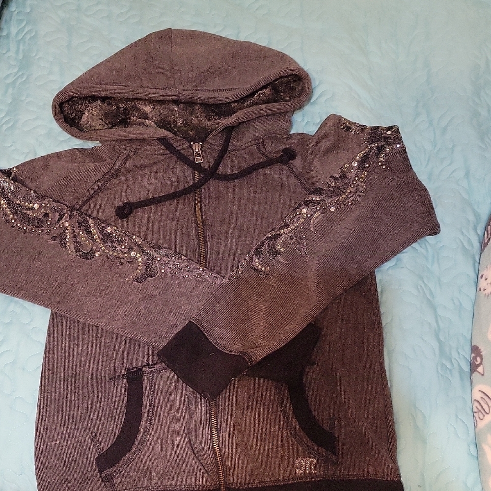Miss Me Gray Hooded Sweater with Embellished Sleeves
